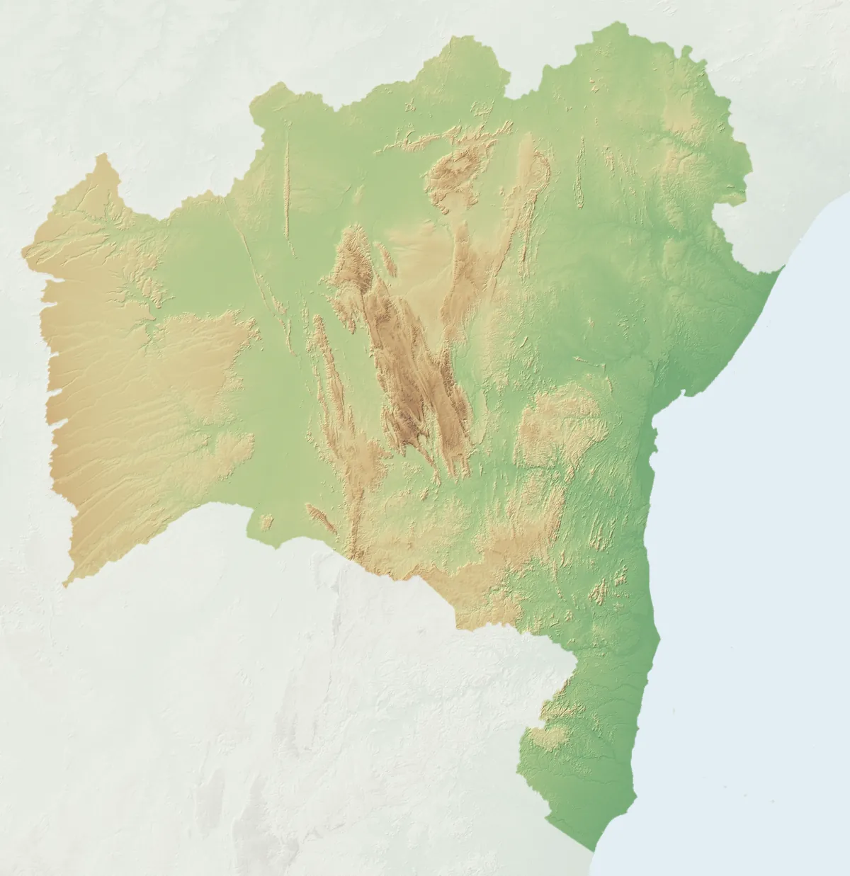 Mapa em relevo da Bahia com as 132 cidades onde a Expresso 44 já entregou, com destaque para Salvador e Seabra